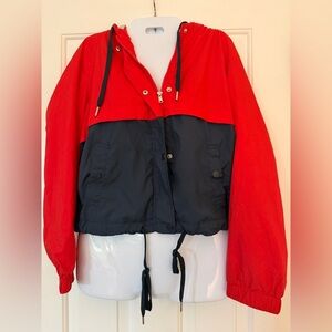 H&M red and navy windbreaker light jacket hooded Women's Jacket Y2K 90’s